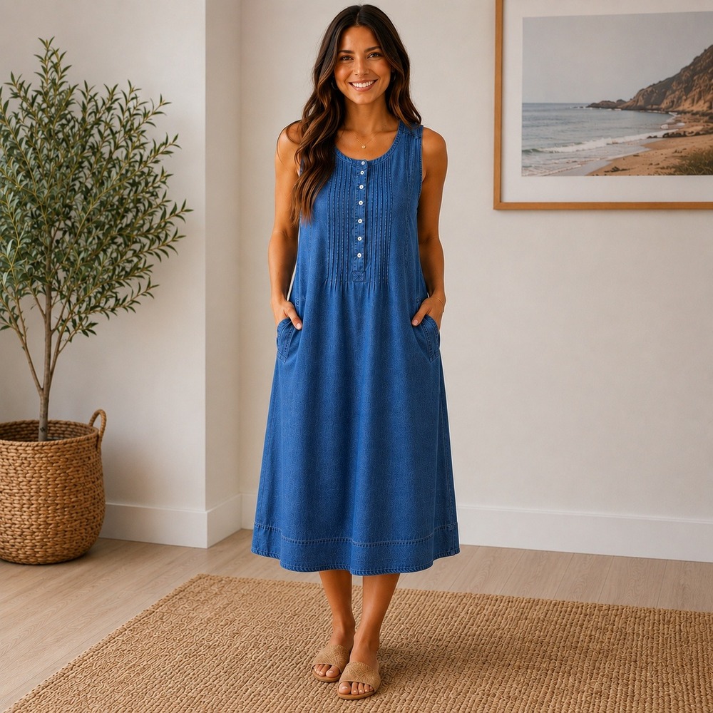 Coldwater Creek Blue Tencel Lyocell Pintuck Henley Sleeveless Midi Dress XL NEW